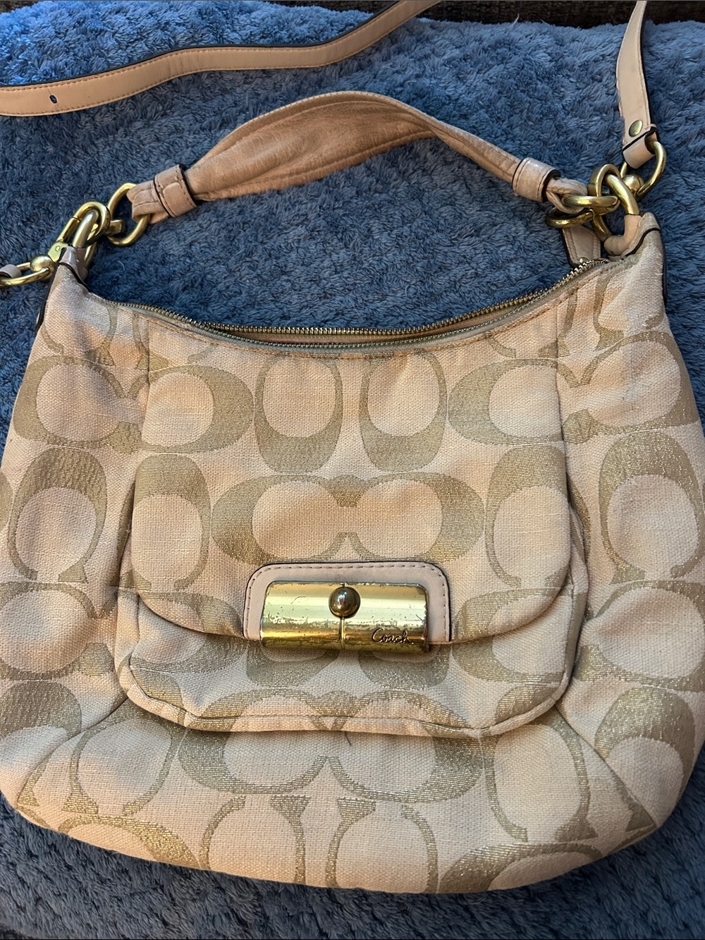 Coach Khaki Signature Monogram Hobo with Gold Hardware